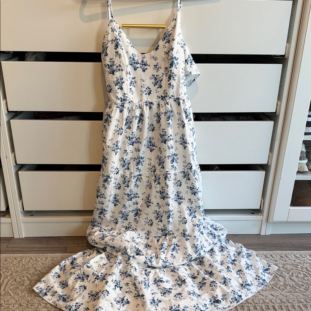 White Maxi Dress with Blue Floral Print